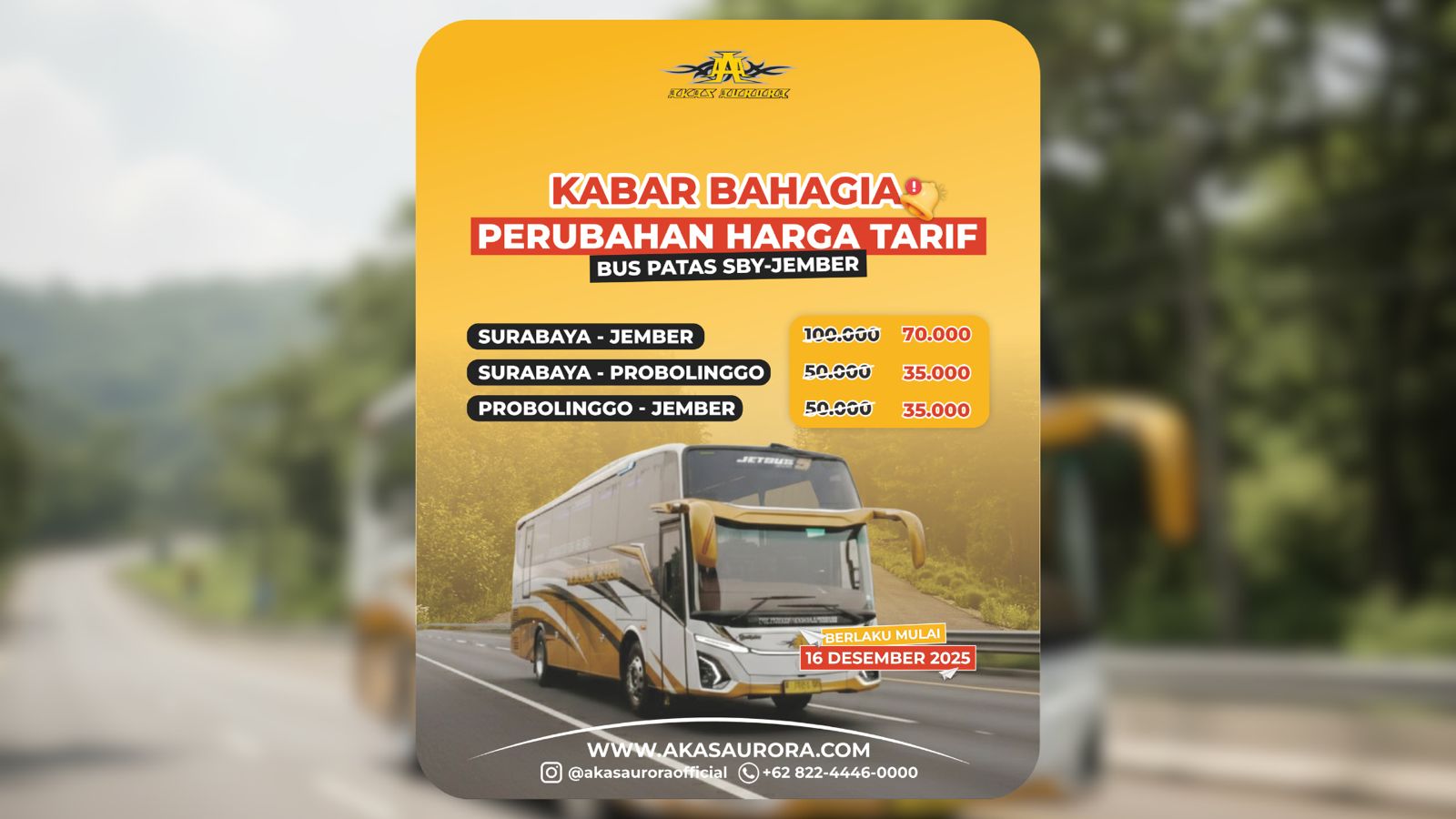 Tarif Baru Bus Patas AKAS Aurora Surabaya – Jember Resmi Berlaku Mulai 16 Desember 2025