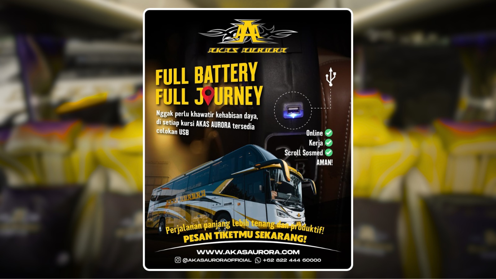 Perjalanan Liburan Nggak Perlu Takut Kehabisan Baterai, AKAS Aurora Sediakan Colokan USB di Setiap Kursi